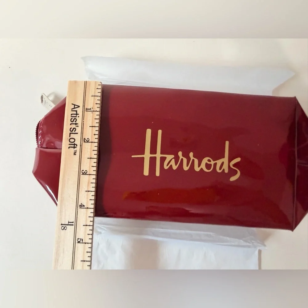 Harrods Burgundy Gloss Makeup Bag | Branded Zipper Cosmetic Pouch
